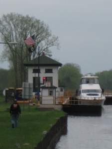 The east bound vessel reached lock 13 before we did.  A short wait to start the day.