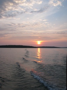 Sun rising in the East as we left Drummond Island.  There are a lot of little islands up here.
